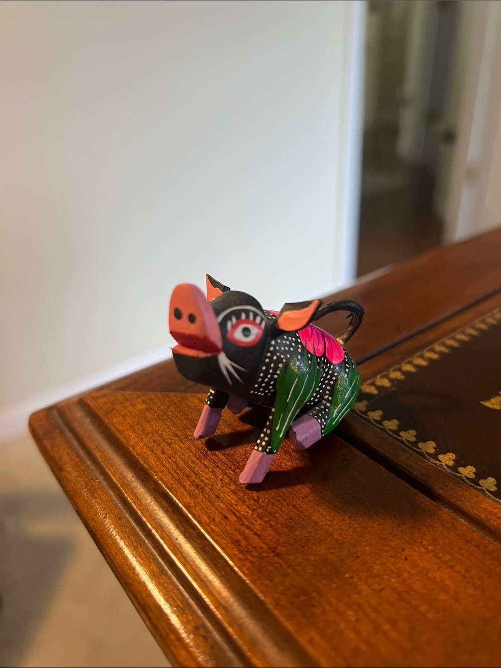 Handcrafted Oaxacan Black & Pink Painted Pig Toy Figurine